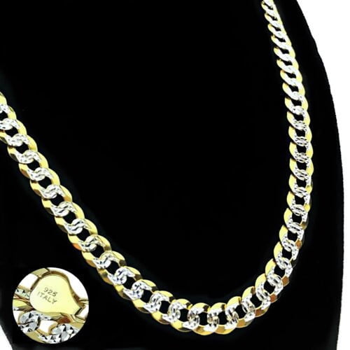 Men's Diamond Cut 6mm Cuban Chain 14k Gold Over Solid 925 Silver Two Tone ITALY